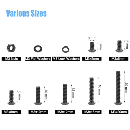 DYWISHKEY 566 Pieces M3 Black Screws, 10.9 Grade Alloy Steel M3x 5/6 /8/10 /12/16 /20mm Button Head Socket Cap Screws Bolts Nuts Washers Assortment Kit - size: M3, style: Button Head Socket Cap