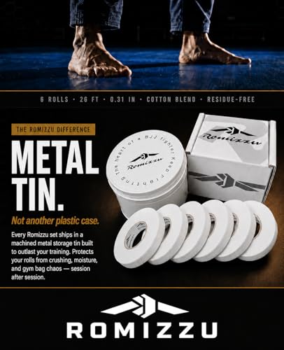 BJJ Finger Tape with Metal Storage Tin - 6 Rolls (26ft) Grappling Tape, MMA | Breathable cotton, residue-free tape offers strong finger support. Great for wrestling, rock climbing, Jiu Jitsu. 0.3in wide. - color: White