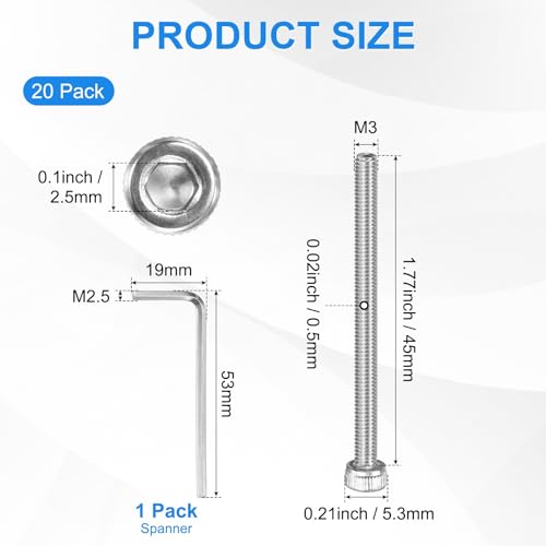 M METERXITY 20-Pack M3 x 45mm Socket Head Cap Screws, 304 Stainless Steel Hex Machine Bolts, Allen Socket Drive Screw with Hex Wrench for Repair/DIY, Fully Threaded Fasteners Kit [Silver] - size: M3 x 45mm
