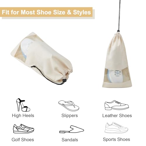 4 Pcs Single Shoe Bags for Travel, Drawstring Shoe Bags with Clear Window | 9.1"x17.7" Fits Most Shoes, Dust Resistant, Washable & Reusable, Travel Shoe Storage Bags for Men & Women - color: Beige