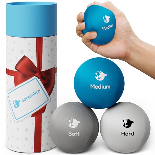 Serenilite Hand Therapy Exercise Stress Ball Bundle - Tri-Density Stress Balls for Adults & Grip Strengthening - color: Cloud, Sea Breeze, Titanium Holiday Set