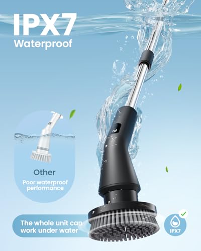 Electric Spin Scrubber, Upgraded IPX7 Cordless Cleaning Brush for Bathroom Shower, Household Cleaning Scrubber with 7 Brush Heads, Adjustable Long Handle and 2 Rotating Speeds for Tub Floor