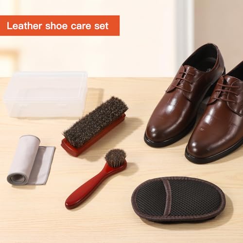 Horsehair Shine Shoes Brush Kit, Horse Hair Brush for Leather, Cleaning Leather Shoes Boots Care Brushes with Microfiber Shoe Cloth, Horsehair Brush (L, Count, 5)