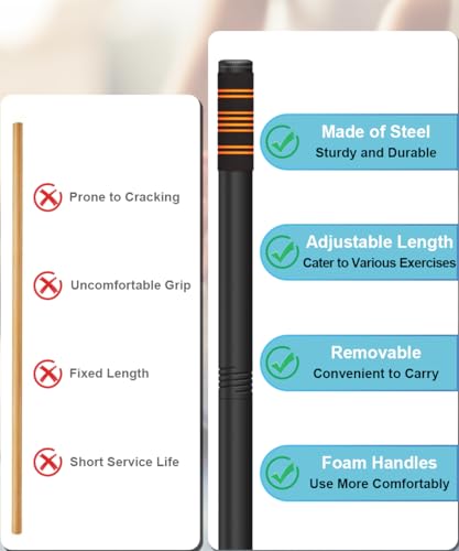 Queension 5ft Adjustable Yoga Stick with Non-Slip Foam Sleeveds for Balance | Made of Sturdy Alloy Steel, Stretching & Mobility Stick, Exercise Fitness Pole for Balance & Pilates - color: Black