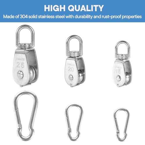 6Pcs 304 Stainless Steel M25 Single Pulley Block, Wire Rope Hanging Wire Towing Wheel, with 6Pcs Spring Snap Hook - size: M25-6pcs