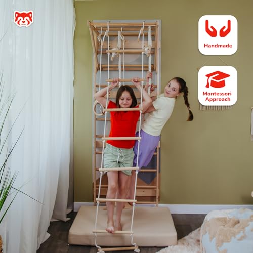 Wood And Hearts Indoor Swedish Ladder Wall Gym for Kids Active Play - Adjustable Pull-Up Bar with Rope Accessories & Decorative Panels (Climbing Module 1, 4in1 Rope Bundle) - size: Climbing Module 1