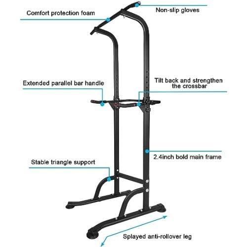 Power Tower Workout Station, Height Adjustable 66.5"-82.7" Multi-Function Dip Stand with 330 LBS Capacity, Pull Up Bar for Home Gym Strength Training, Heavy Duty Steel Frame, Black