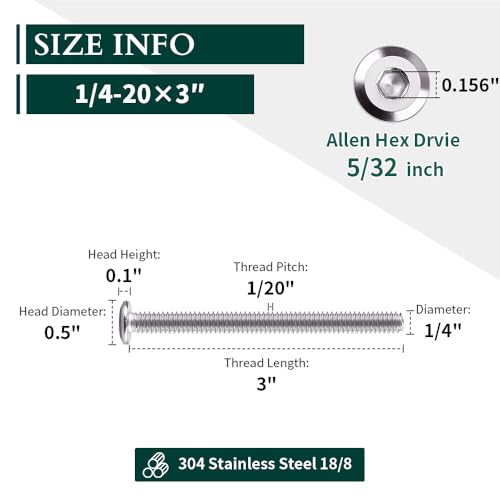 1/4-20 x 3 Hex Socket Head Cap Screws, 304 Stainless Steel 18-8, Chamfered Countersunk Machine Screws for Furniture, Binding, Machinery, Automotive, DIY Projects, 25 PCS - size: 1/4-20 x 3"
