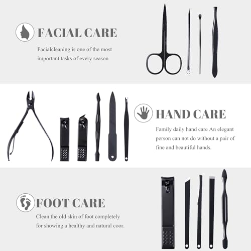 Manicure Pedicure Kit Nail Clippers Set Fingernails & Toenails Vibrissac Scissor 5 Pieces Best Care Tools for Man & Women with Travel Case (Gray/Black_A) (Dark 15 Pieces) - color: Dark 15 Pieces