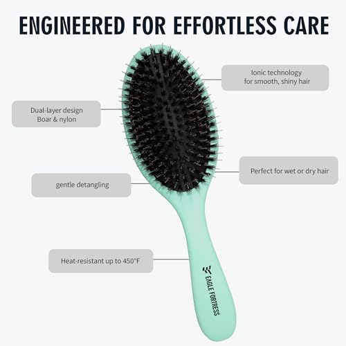 EAGLE FORTRESS Boar Bristle Hair Brush for Women, Men & Kids, Detangling Hair Brush with Polished Nylon Pins for Fine, Thin, Wet & Dry Hair, Hair Extensions, Smooth & Shine – Turquoise - color: Mint