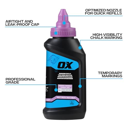 OX Violet Chalk Line Powder 8oz - Dust-Off Chalk Refill | Purple chalk line refill, zero permanence, leak-proof cap, high-flow nozzle, weather resistant, wood concrete metal stone - color: Violet - Dust-Off