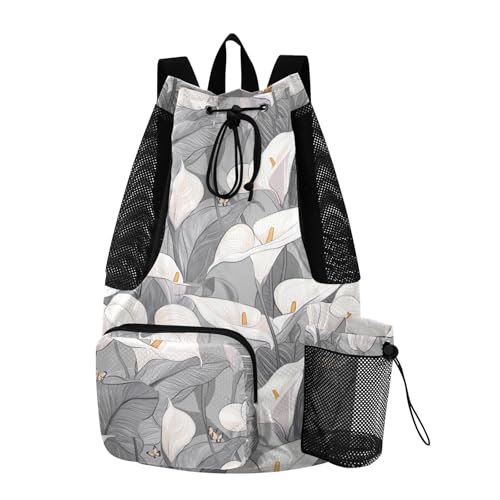 Drawstring Bags Climbing Gym Bag With Pockets String Bookbag Waterproof Safari Calla Lily Grey Flower