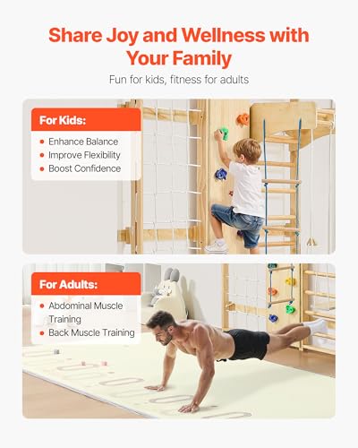 VEVOR Swedish Ladder Wall Gym, 9-in-1 12-Level Solid Wood Gymnastic Stall Bars for Kids Adults, 220LBS Indoor Jungle Gym with Rock Climbing Wall, Gym Rings, Pull-Up Bar, Climbing Board, Slide, Swing - style: 12-Level 9-in-1