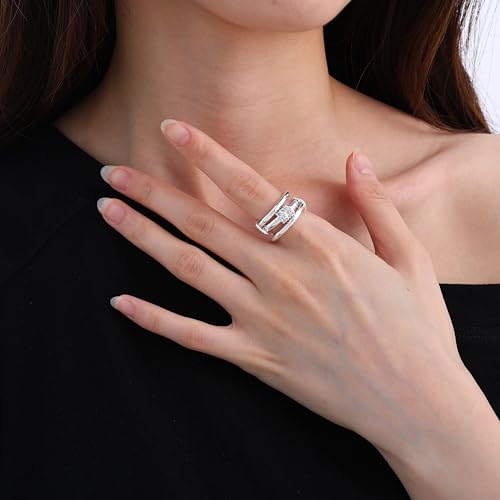 Gold Stackable Rings for Women Non Tarnish, Dainty 14K Gold/Silver Plated Cubic Zirconia Spinelli Ring Chunky Multi Rings Mixed Metals Ring Stack Set Non Tarnish Jewelry - color: Plain-Silver, size: 9