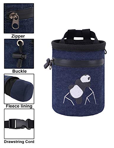 AMC Rock Climbing Panda Embroidered Chalk Bag with Zipper Pocket - color: Denim Blue