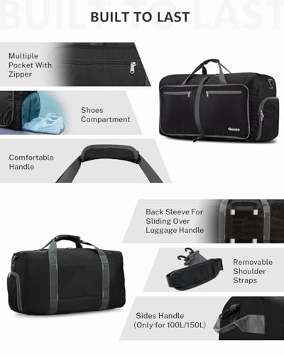 Gonex 150L Large Foldable Travel Duffle Bag with Shoes Compartment, Packable Lightweight Water Repellent Duffel Bag for Camping Gym Weekender Bag Black - color: Black, size: 150L