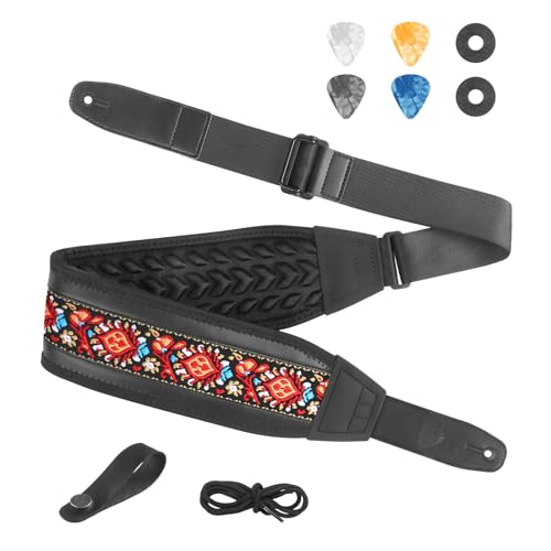 Guitar Strap and Bass Strap, Embroidery Guitar Strap, Adjustable Strap Length, Equipped with 3D Sponge Filled Foam Pad, Comes with 4 Picks + 2 Strap Locks, Best Gift for Guitar Players, Red Flower - color: Red Flower