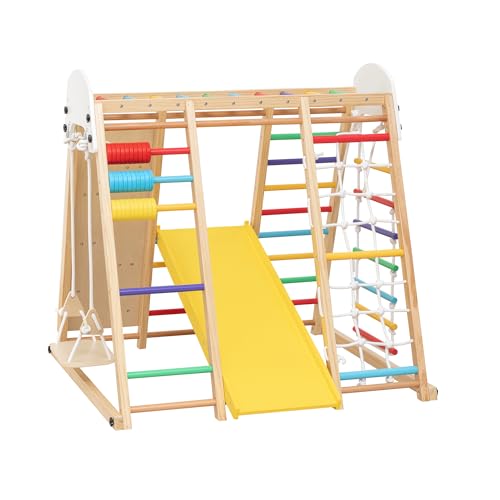 Large Wooden Indoor Jungle Gym 9-in-1 Playground Climbing Toys for Kids Ages 2-6, Waldorf Style Wooden Climber Playset with Slide, Monkey Bars, Ladder, Rope Ladder, Rock Climbing, Swing (9-in-1) - size: 9-in-1