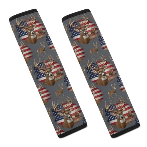 2 Pack American Us Flag Hunting Deer Seat Belt Shoulder Pad Breathable Shoulder Harness Cover for Child, All Vehicles, Neck and Shoulder Support - color: Pattern 581