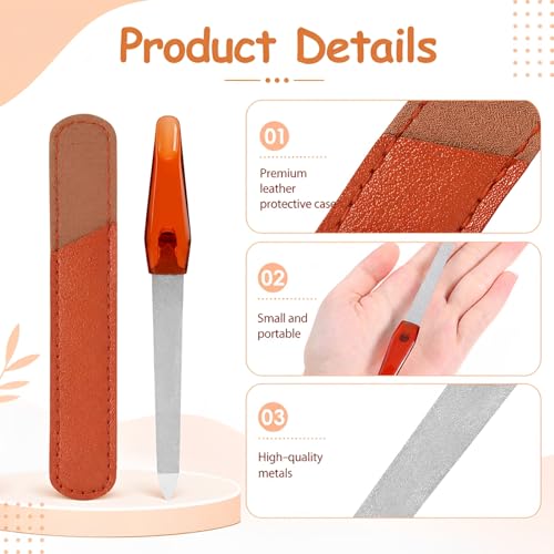 3 Pack Nail File Metal Sharp Pointed Tip with Leather Sheath Case 5 Inch | Double Sided Grit Nails for Natural Non Slip Handle Fingernail Files Stainless Steel Manicure for Women
