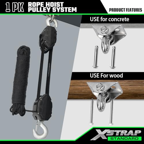 XSTRAP STANDARD 50 Feet Rope Hoist, Heavy-Duty 2000LB Break Wheel Block | Tackle Pulley System for Lifting Heavy Objects with Work Gloves, 2pcs Soft Loops, 1 Swing Hanger for Garage Warehouse - color: 50 Ft+ Black+1 Swing Hanger