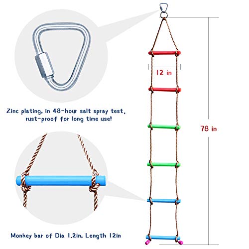 Rainbow Craft 6.6FT Climbing Rope Ninja Ladder for Kids - Kids Ninja Warrior Obstacle Course Accessories - Swing Rope Ladder