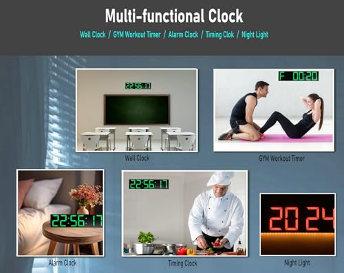 26'' Extra Large Home Gym Timer Clock, Programable Workout Interval Timer, Digital Wall Clock, with 7-Color Night Light, 8 Alarm Clocks, Calendar/Temperature, Countdown & Stopwatch (Green)