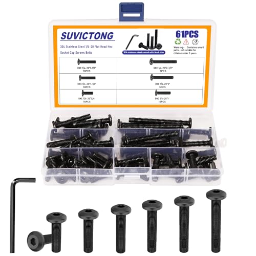 61Pcs 1/4-20 Flat Head Hex Socket Cap Screws Assortment Kit, 1/4-20 x 3/4” 1” 1-1/2” 1-1/4” 2-1/2” 2” Socket Cap Bolts,304 Stainless Steel, Full Thread, Black Oxide with Hex Spanner - size: 1/4-20