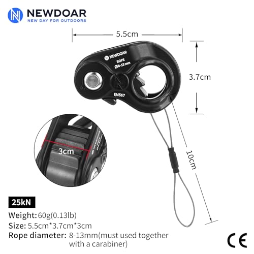 NewDoar Rope Ascender Lightweight Rope Clamp Ascender Riser Adjuster Fits 8-13mm Rope Self-Locking Grip for Rock Climbing,Hunting,Protection Rescue,Rappelling,Arborist,Gear Equipment - color: Black
