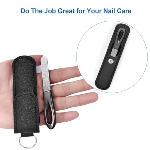 Metal Nail File with Case, 2 Pack Keychain Nail Files for Natural Nails, Fingernail Files Diamond Round Tip Stainless Steel Double Sided Fine Grit Sapphire Filer with Leather Sheath Travel Black - size: 2 Pack 3.6 in Gunmetal/Black Keychain