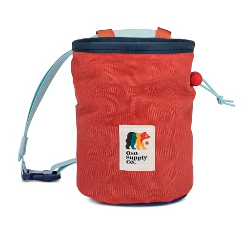 Oso Supply Co - Waxed Canvas Chalk Bag - Zipper Pocket & Mesh Pouch for Bouldering, Rock Climbing, Gym, Weightlifting – Water-Resistant, Adjustable Belt, Wide Opening - color: Red / Blue / White
