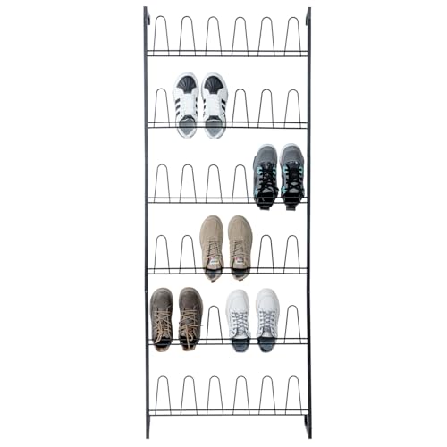 MyGift 70 Inch Black Metal Wall Mounted Shoe Rack with 36 Hooks | Holds 18 Pairs, Efficient Vertical Design, 36 Hanging Points, Slim Profile, Small Space Solution, Easy Access Setup - color: Black (6 Tier, 18 Pairs)