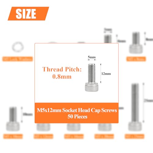 HELIFOUNER 50 Pieces M5 x 12mm, Thread Pitch 0.8mm, 304 Stainless Steel (18-8) Hex Socket Head Cap Screws, Fully Threaded - size: M5 x 12mm