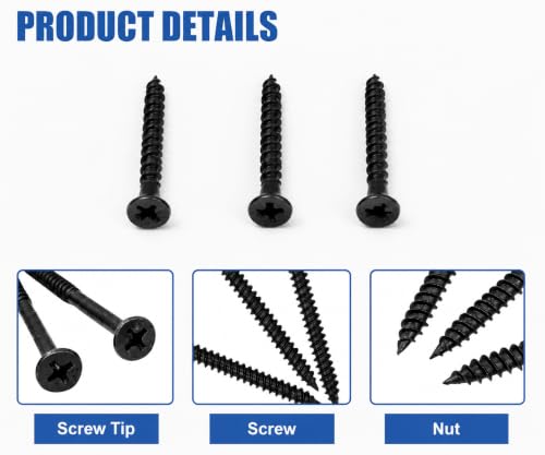 #6x15-3/4 Wood Screws 130pk Self-Tapping Rust Resistant | Reusable Storage Case | No Pre-Drilling Needed | Ideal for DIY Furniture & Drywall | Premium Anti-Rust Coating - color: Black 130 pcs