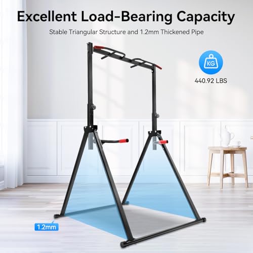 Foldable Power Tower Dip Station Pull Up Bar Station | with Double Bars 5.74ft-7.55ft Height Adjustable for Pull Ups, Dips, 440lbs Load Capacity