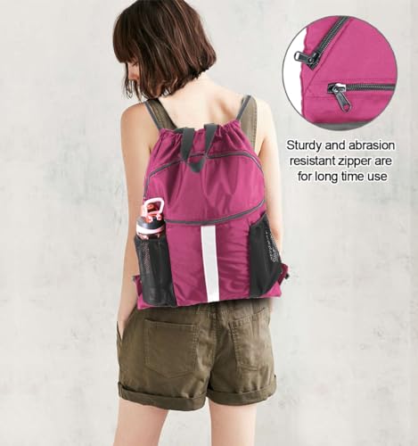 BeeGreen Drawstring Backpack Bag with Shoe Compartment, X-Large Black Gym Sports String Cinch Backpack - color: Rose Red