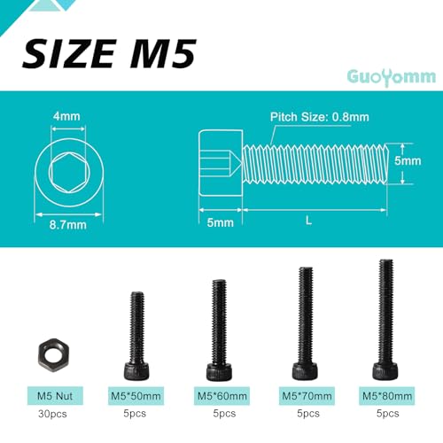 50PCS M5 x 50mm 60mm 70mm 80mm, Hex Socket Head Cap Screws Bolts Nuts Kit, 12.9 Grade Alloy Steel, Black Oxide Finish, Metric Allen Drive, Fully Threaded - size: Socket M5x50/60/70/80mm