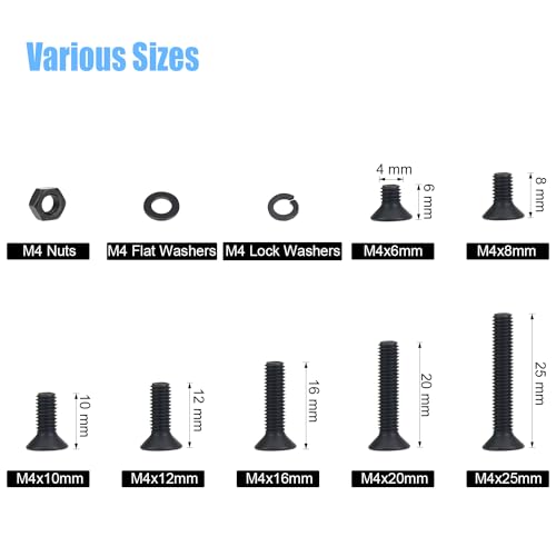 DYWISHKEY 386 Pieces M4 Black Screws, 10.9 Grade Alloy Steel M4x 6/8 /10/12 /16/20 /25mm Countersunk Head Socket Cap Screws Bolts Nuts Washers Assortment Kit - size: M4, style: Countersunk Head Socket Cap