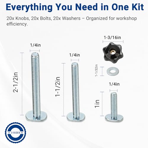 20 Sets T-Track Knob Kit, 1/4"-20 T Bolts (1", 1-1/2", 2-1/2") with Star Knobs & Washers, Assorted T Slot Bolts for Woodworking Jigs, Clamps & Fixture Building