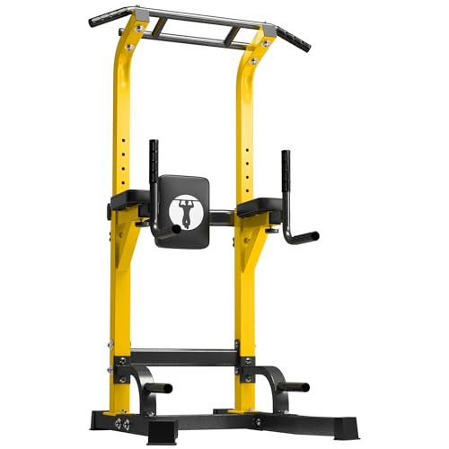 DlandHome Power Tower Pull Up Bar Station, 10 Level Adjustable Height | Heavy Duty Pull Up Dip Station for Home Gym Strength Training Equipment, Comfortable Backrest, 330LBS Weight Capacity - color: Yellow