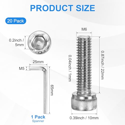 M METERXITY 20-Pack M6 x 22mm Socket Head Cap Screws, 304 Stainless Steel Hex Machine Bolts, Allen Socket Drive Screw with Hex Wrench for Repair/DIY, Fully Threaded Fasteners Kit [Silver] - size: M6 x 22mm