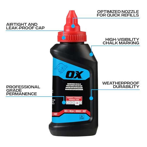 OX Red Chalk Line Powder 8oz Refill - Permanent Marking | Weather-resistant, high-flow nozzle, leak-proof cap, multi-surface use on wood, concrete, metal and stone - color: Red - Permanent