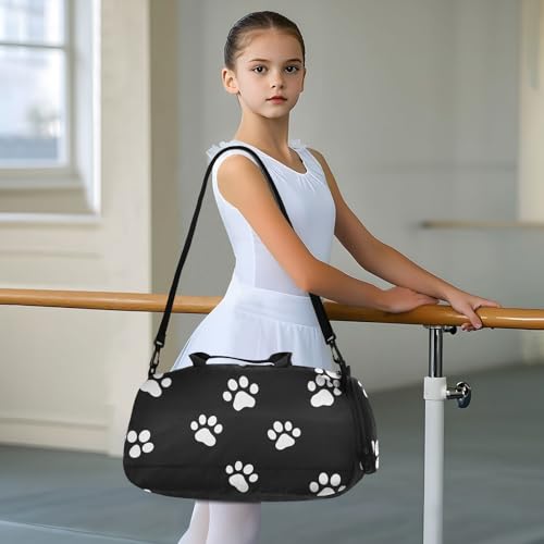 Kids Sports Duffel Bag for Boys & Girls - White Dog Paw Prints 100% Polyester Gym Bag with Separate Shoe Compartment, Adjustable Shoulder Strap, Compact Travel & Workout Gear Bag - color: White Dog Paw Prints