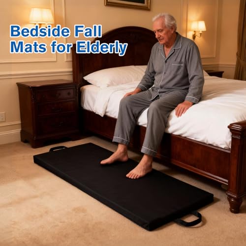 JZHLLA Bedside Fall Mats for Elderly 2.5 Inch Rollable High Density Foam Floor Mats 71.6 * 24 Inch Waterproof Non Slip Protection Mat for Elderly, Handicap, Senior - size: 2.5 IN Thick-Rollable
