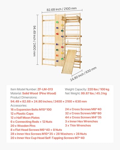 VEVOR Swedish Ladder Wall Gym, 9-in-1 12-Level Solid Wood Gymnastic Stall Bars for Kids Adults, 220LBS Indoor Jungle Gym with Rock Climbing Wall, Gym Rings, Pull-Up Bar, Climbing Board, Slide, Swing - style: 12-Level 9-in-1