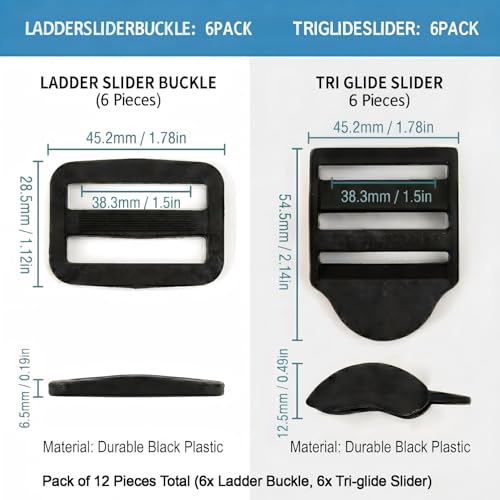 Ladder Lock Tri Glide Slide - Adjustable Strap Clips for Backpack/Gear Straps - Fits 3/4",1",1-1/4",1-1/2",2" Webbing - color: 6-pack for 1-1/2" Webbing
