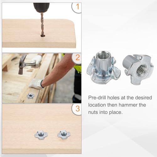 HARFINGTON M5x10mm T-Nuts 4 Pronged Tee Nut 0.57" x 0.39" Fully Thread Carbon Steel Inserts for Wood, Rock Climbing Holds, Cabinetry, Furniture 100pcs - size: M5x10mm, 14.5mm