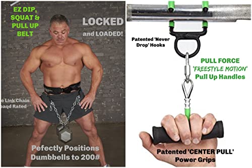 EZ DIP Pull Up Weight Belt plus PULL FORCE Rotating Pull Up Handles - Dipping Belt with Chain plus Dumbbell Hook - Pull Up Weight Belt - Best Dip Belt - 505# Dipping Belt -Belt Squat attachment