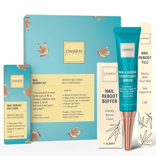 Onsen Secret Nail Care Kit - w/Cuticle Care Serum, Japanese Nail Buffer and Shine Kit - Strengthening & Shining - Spa-Quality Manicure - Organic Ingredients - Long-Lasting Shine - Easy & Safe - 1pk - size: Essential Nail Reboot Kit (Serum)