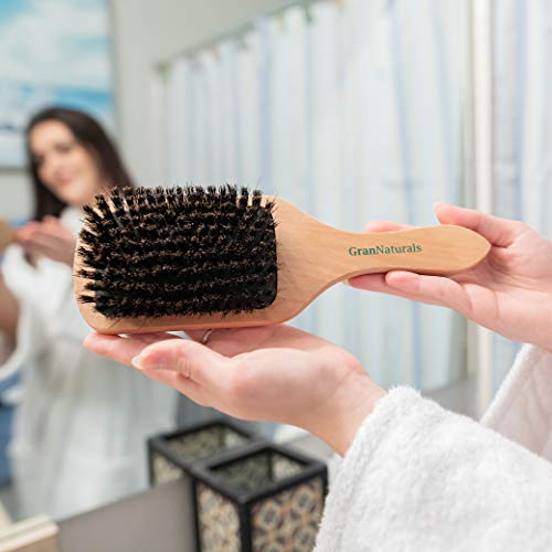 GranNaturals Boar Bristle Smoothing Hair Brush for Women and Men - Medium/Soft Bristles - Natural Wooden Large Flat Square Paddle Hairbrush for Fine, Thin, Straight, Long, or Short Hair